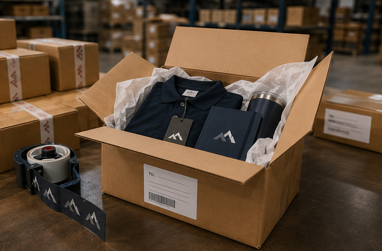 Professionally packaged signs, apparel and promotional products prepared for delivery