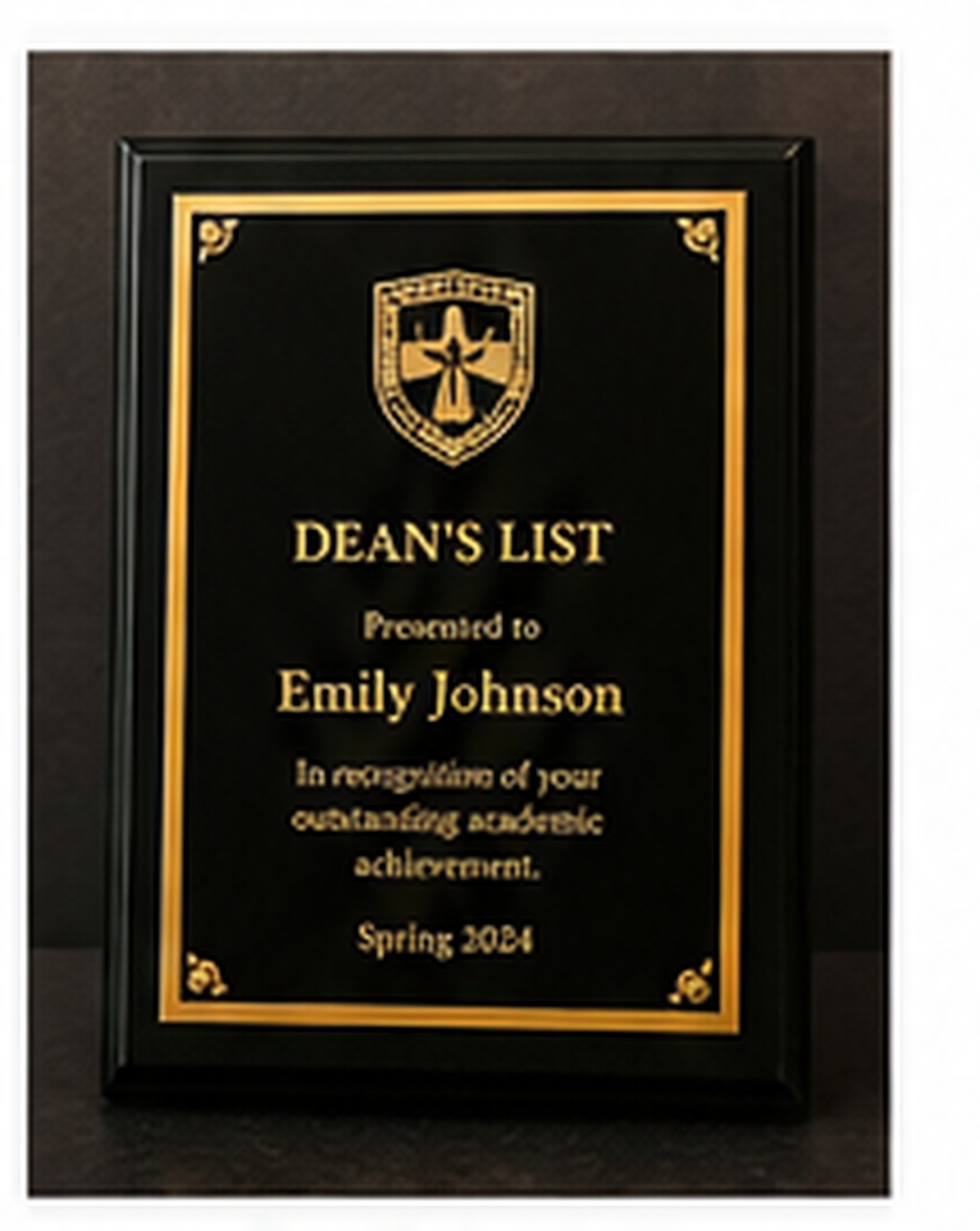 Academic recognition plaque with dark face and gold engraving