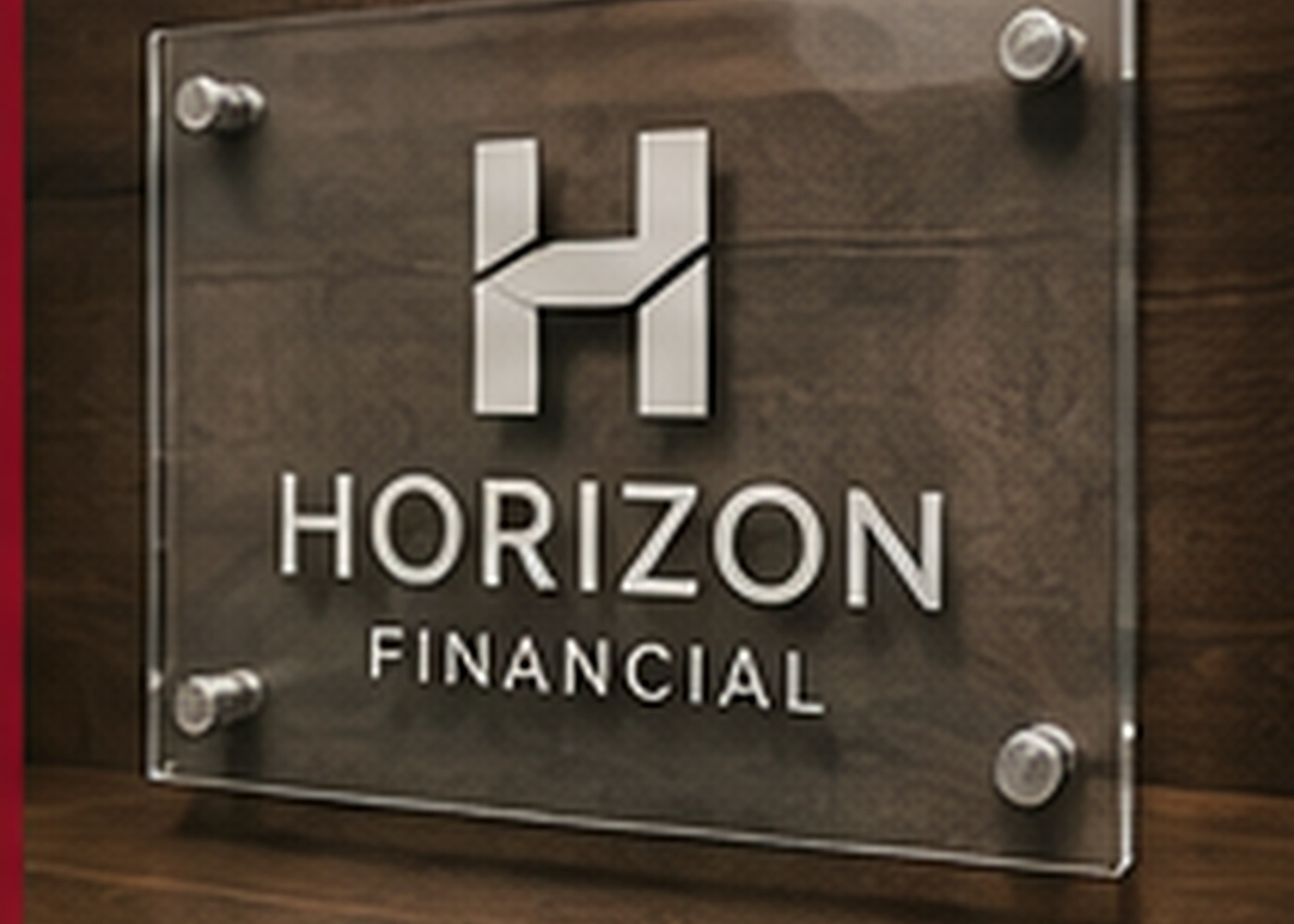 Dimensional acrylic financial office lobby sign on wood wall