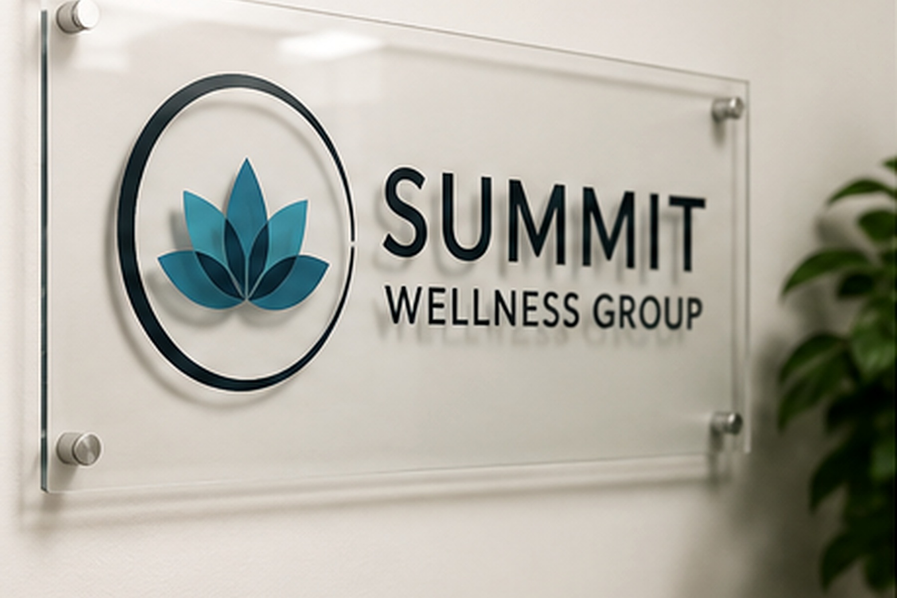Custom clear acrylic lobby sign mounted with brushed metal standoffs