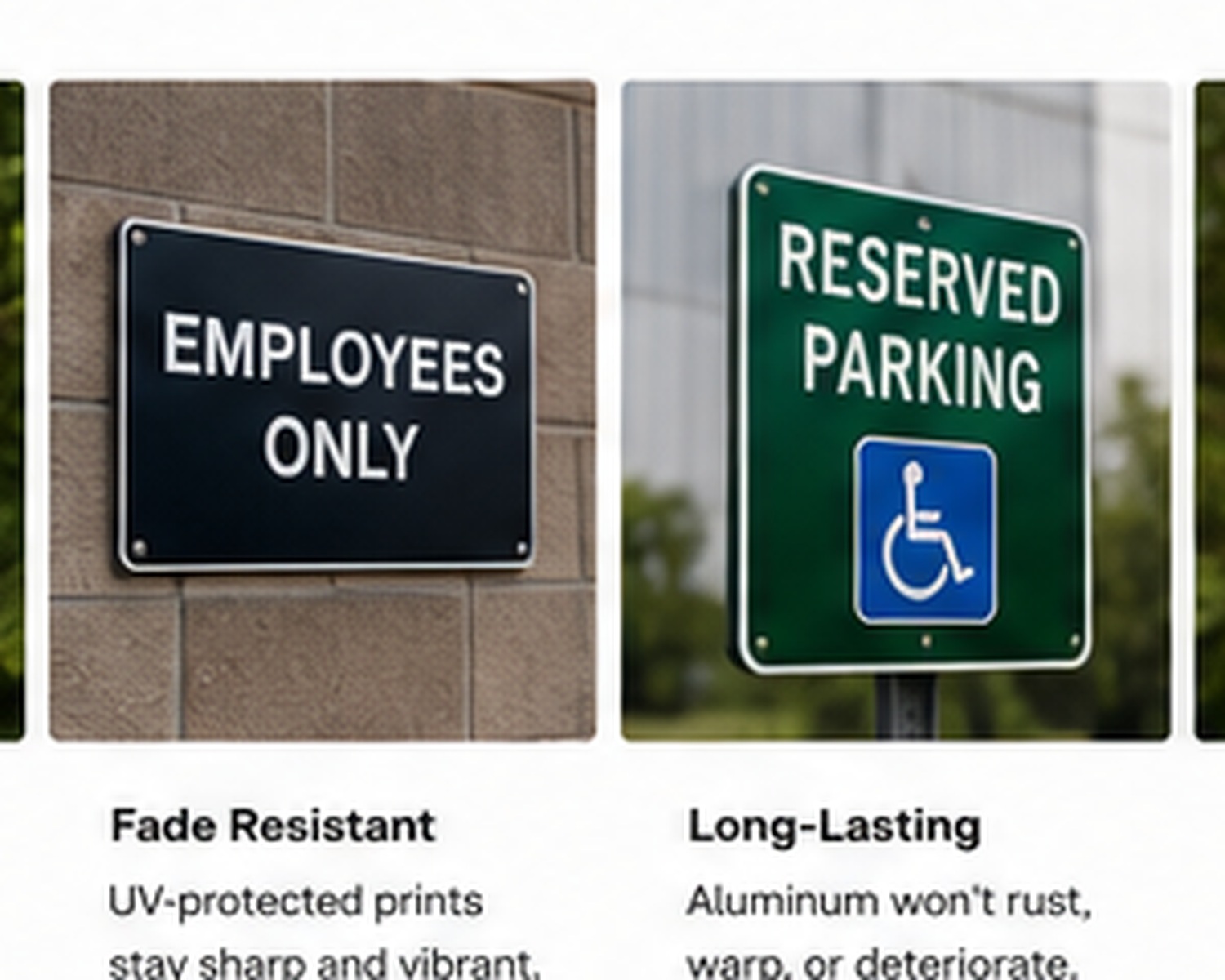 Collection of custom aluminum signs for commercial and property applications