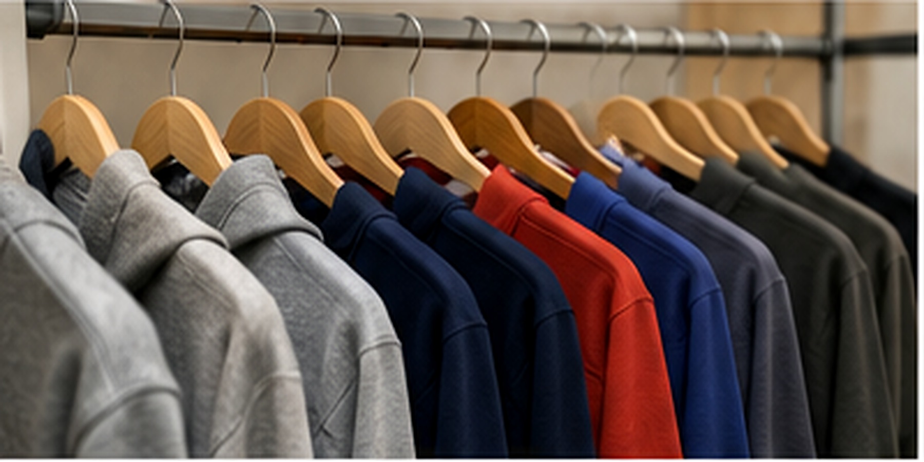 Rack of apparel showing multiple garment colors and styles
