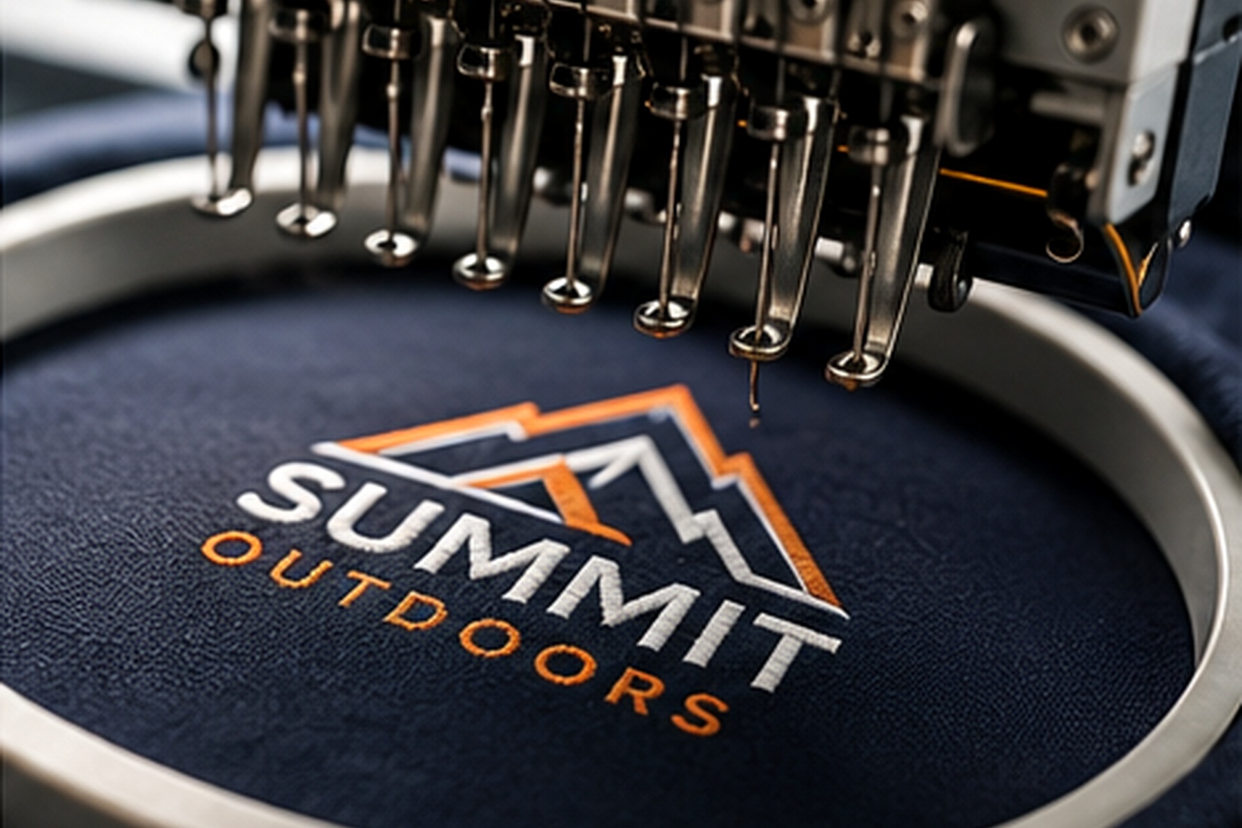 Commercial embroidery equipment decorating a structured cap