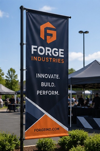 Professional event display with fabric backdrop, retractable banners and branded table covering