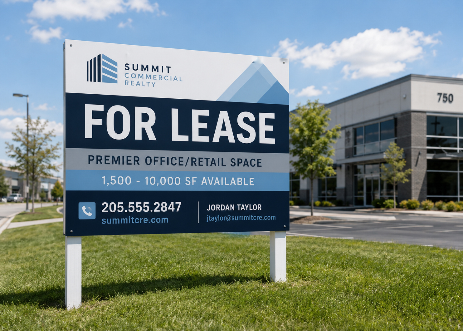 Large commercial real estate sign installed at a development property
