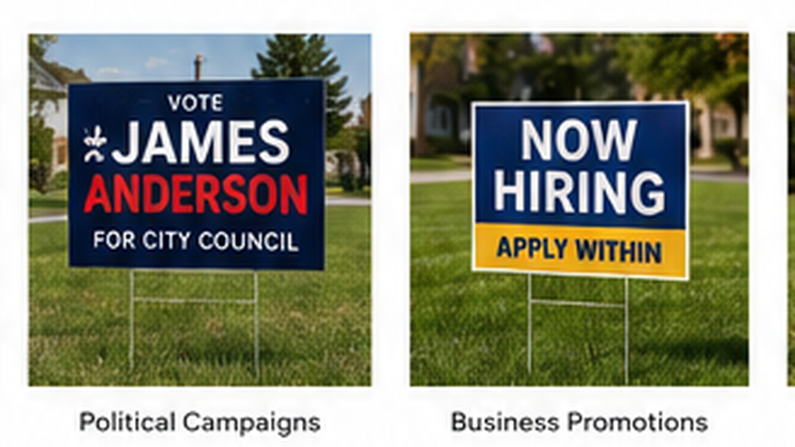 Assortment of custom Coroplast yard signs for real estate, events, campaigns, hiring, sports, and directional use