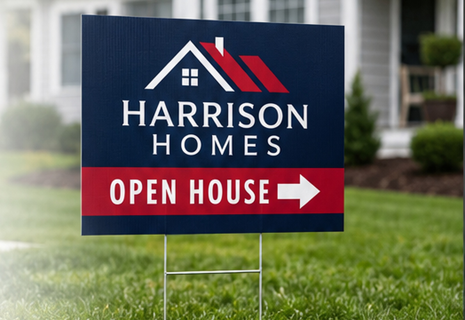 Custom Coroplast open house sign installed with an H-stake in a residential lawn