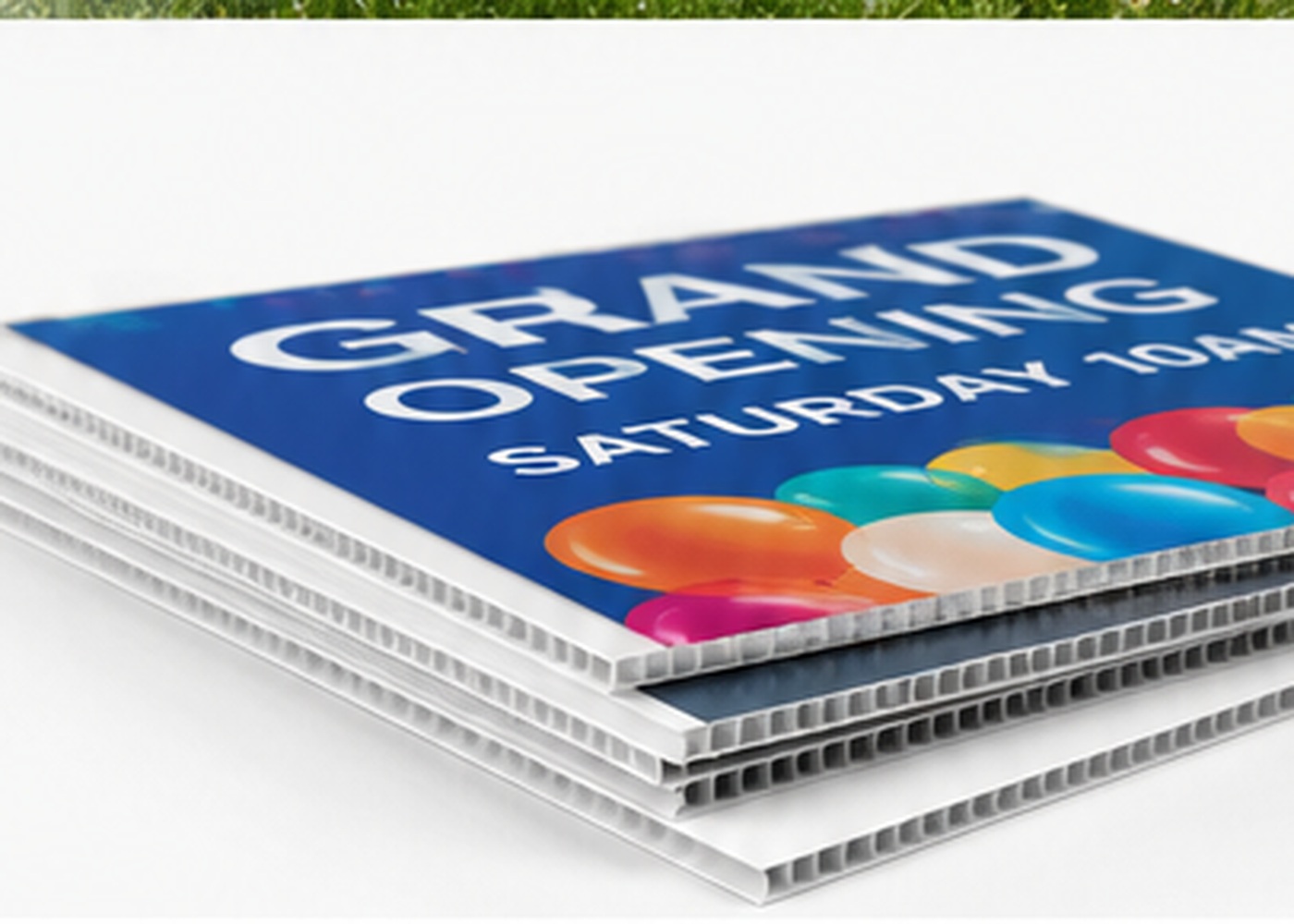 Stack of printed corrugated plastic Coroplast sign panels showing fluted construction