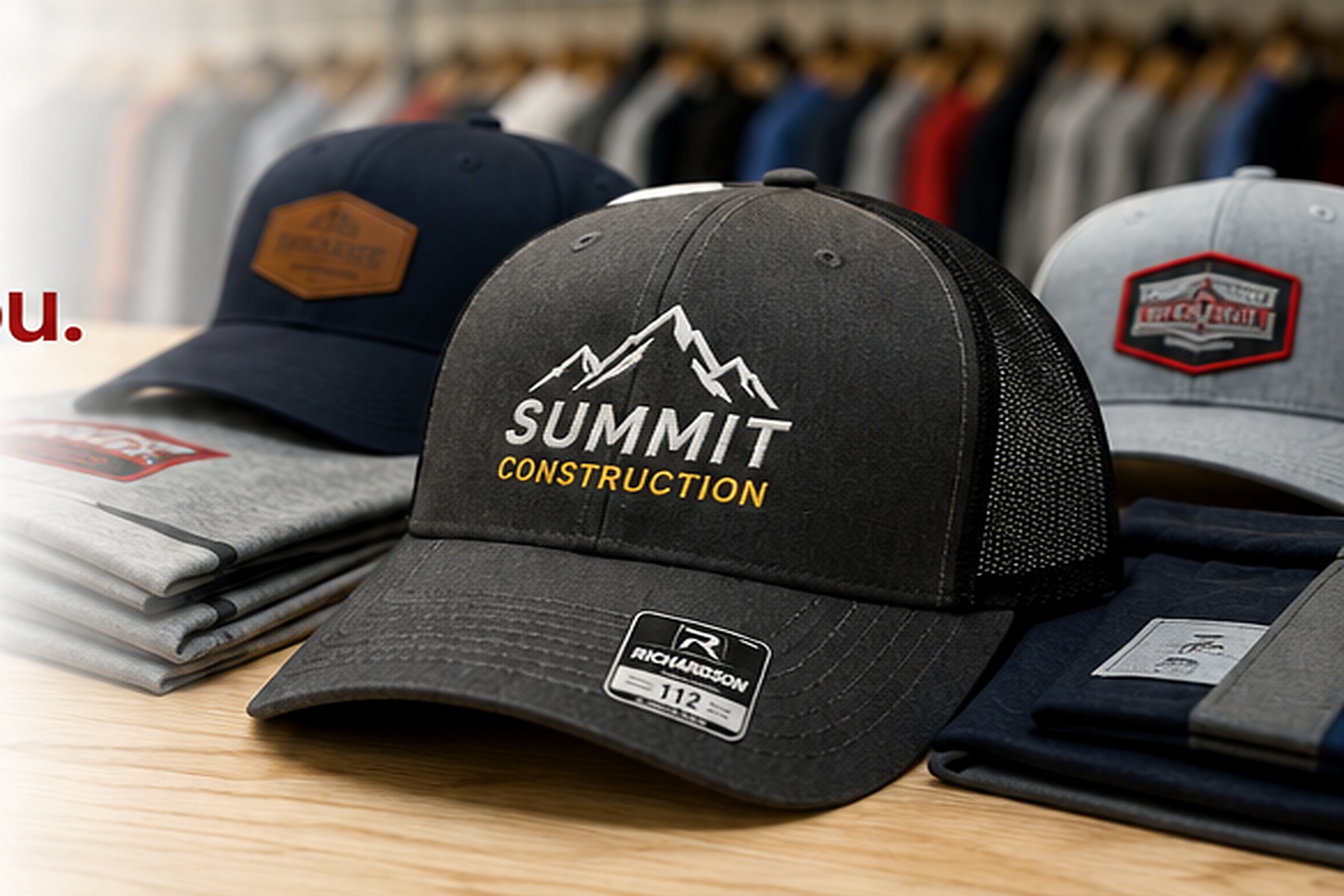 Custom embroidered hats and branded apparel arranged for a business apparel program