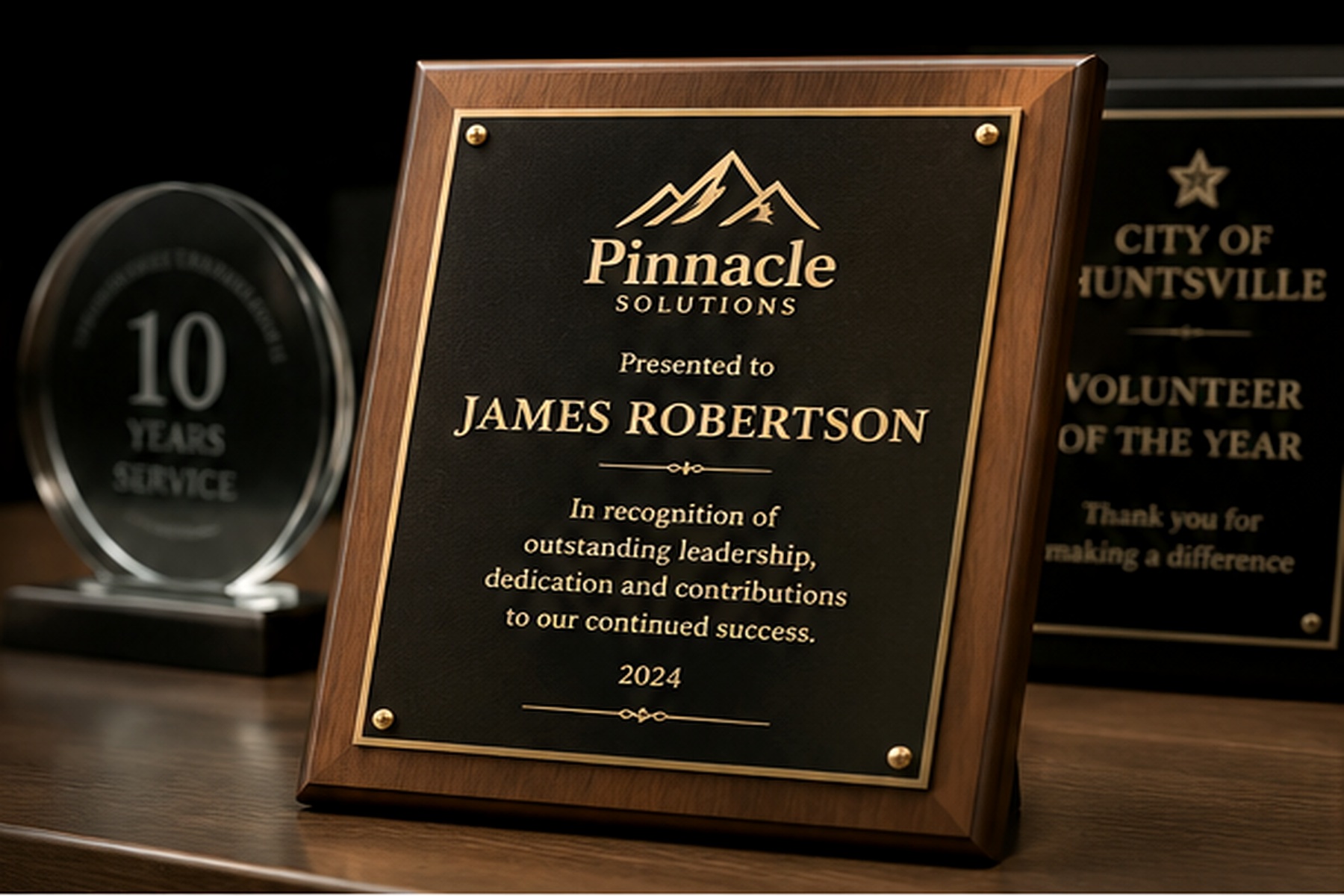 Custom metal plaque with engraved gold lettering