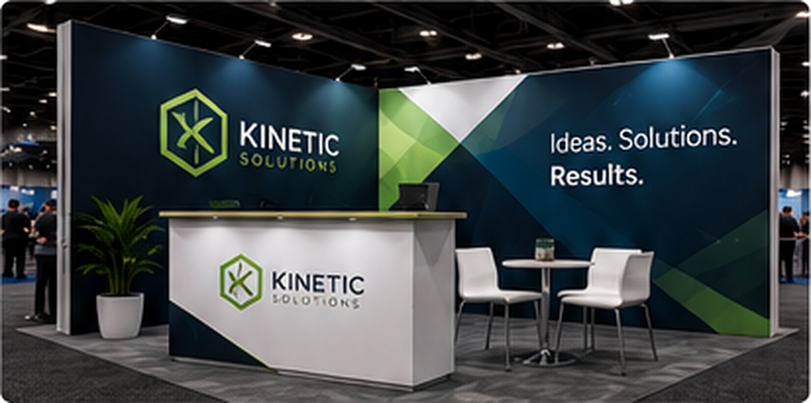 Custom branded exhibit booth with reception counter and meeting area