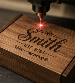 Diode laser engraving a custom wood product in a clean workshop
