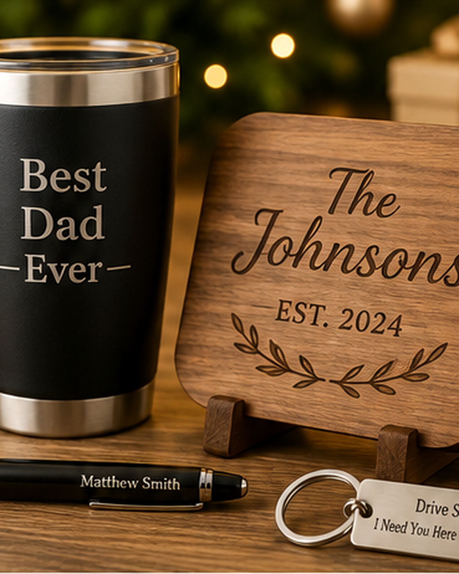 Premium personalized engraved gifts arranged on a warm studio table