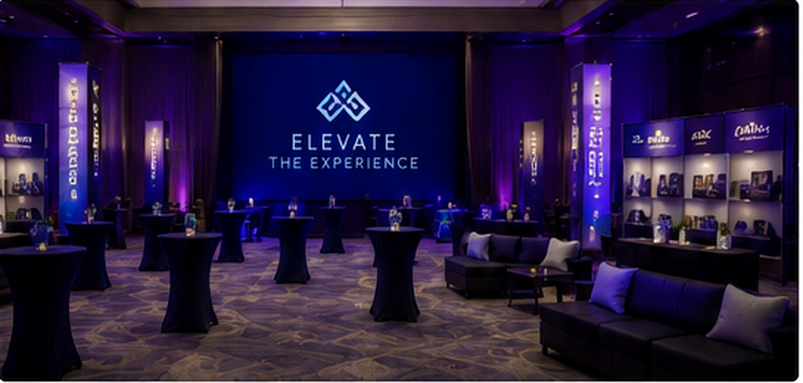 Corporate event room with coordinated custom displays