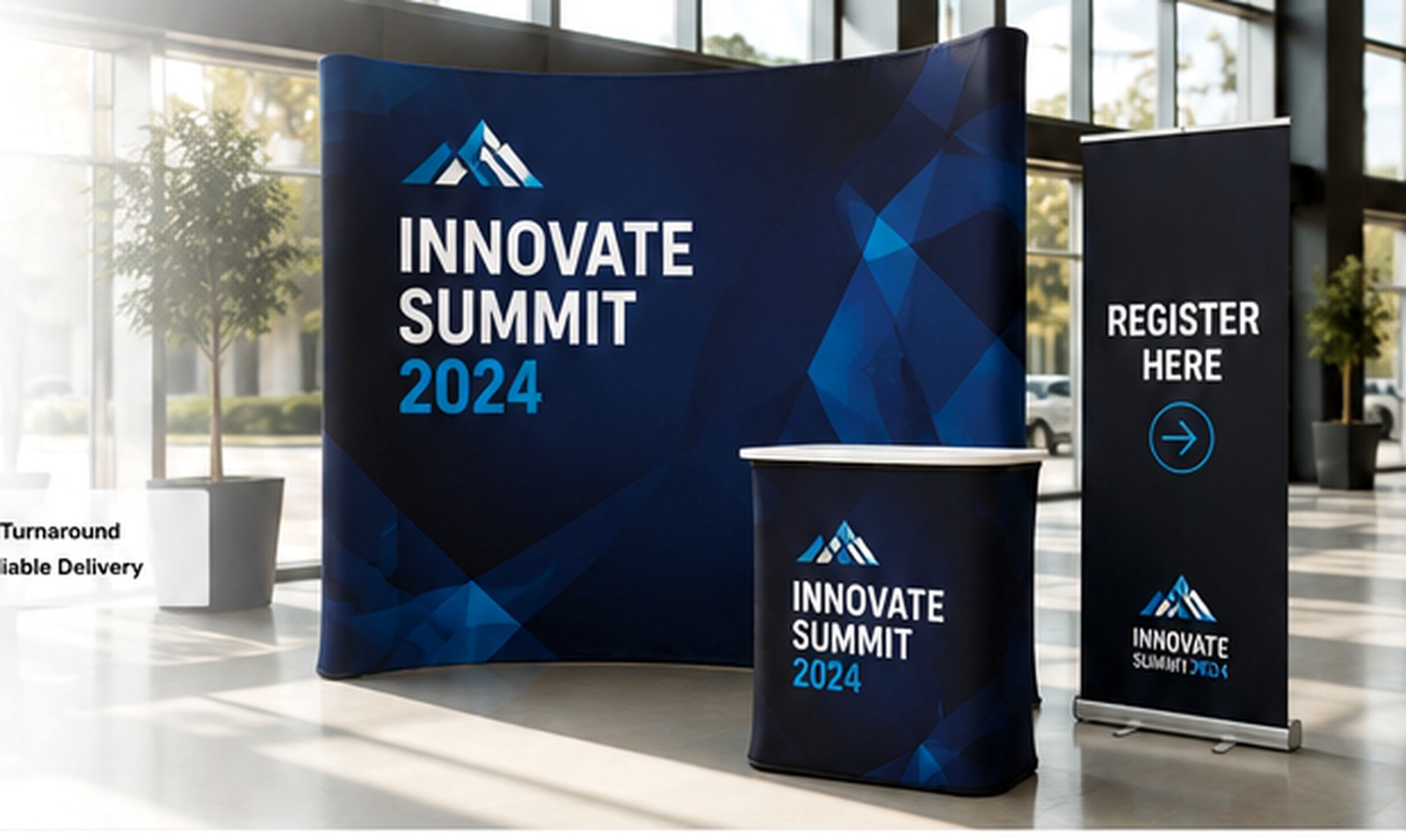 Custom event display with fabric backdrop, counter and retractable banner