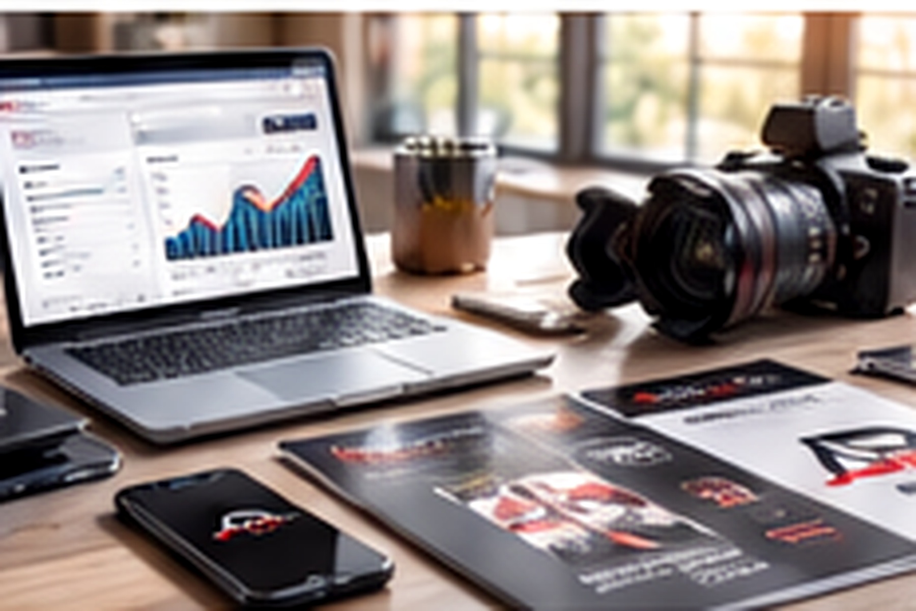 Professional creative production workspace with equipment and project materials