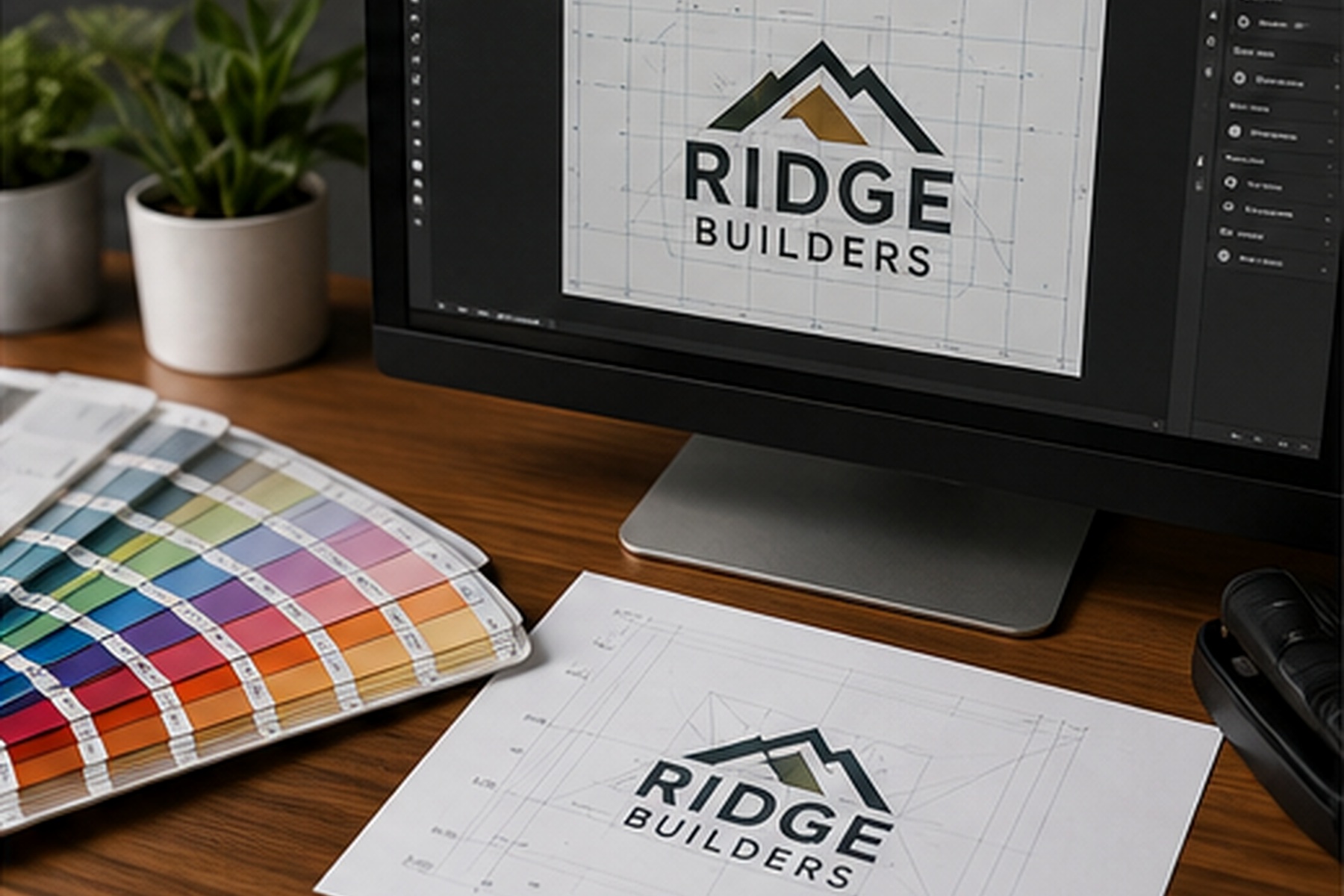 Production design workstation with color references and vector artwork