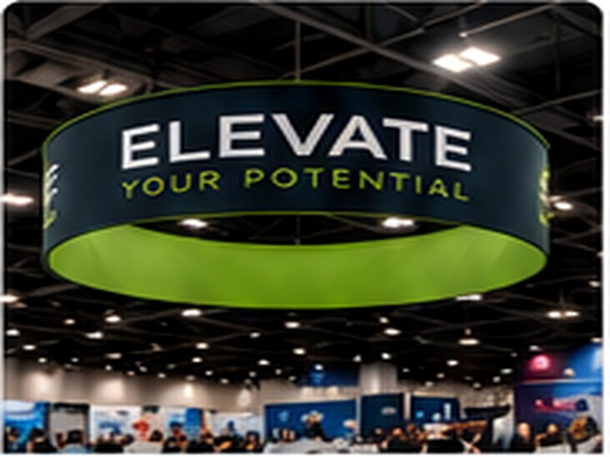 Overhead hanging trade show sign