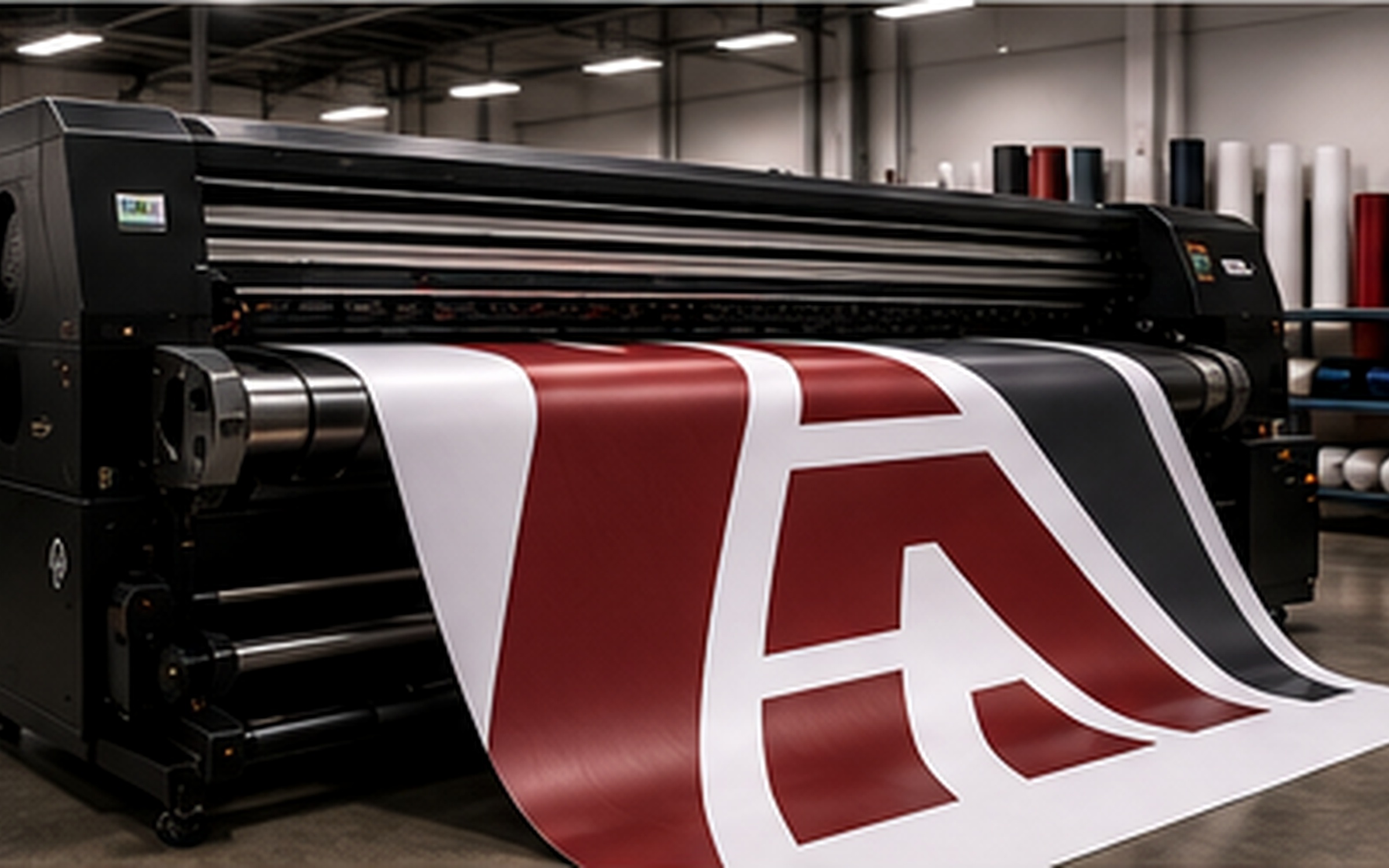 Professional sign and graphics production in a modern commercial workspace