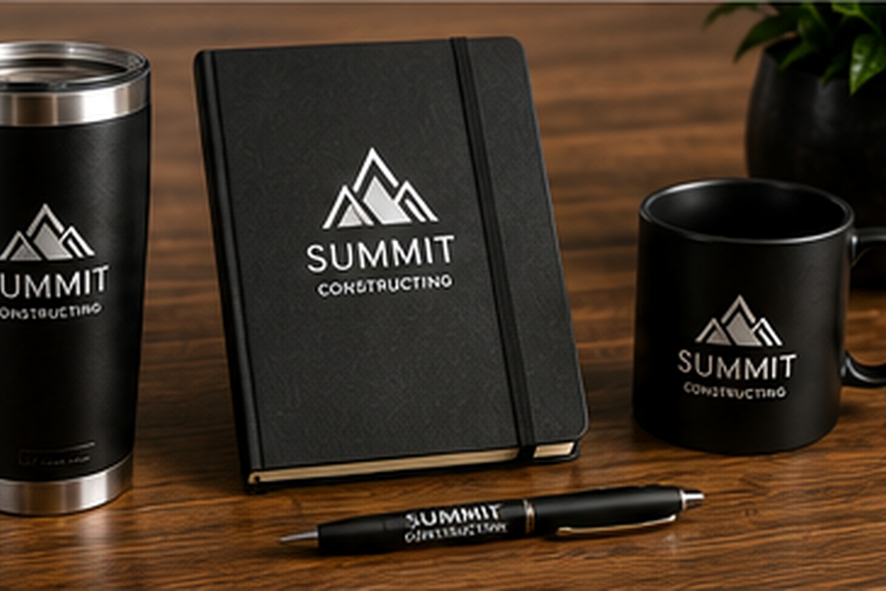 Premium promotional products including drinkware, notebooks and branded business gifts