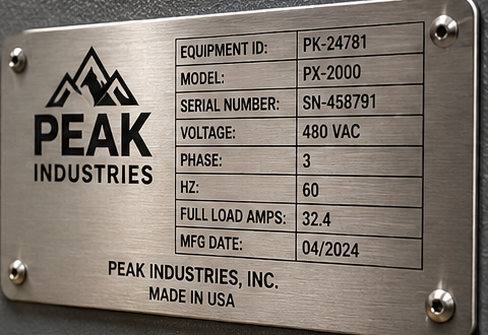 Custom engraved stainless steel equipment nameplate