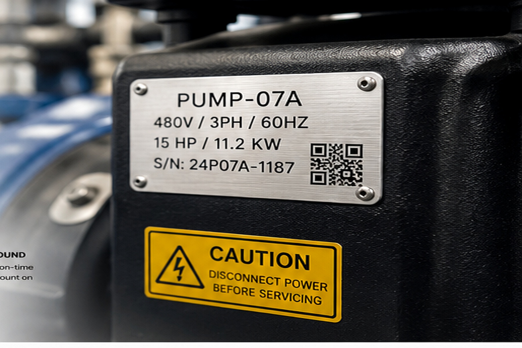 Durable engraved metal identification plate mounted on industrial equipment