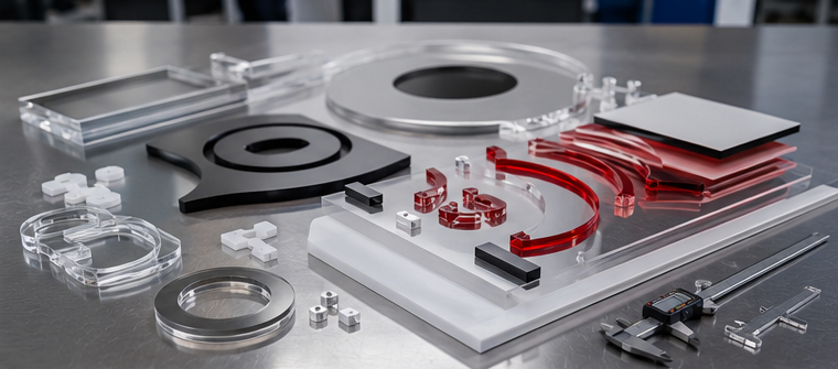 Freshly laser cut acrylic sign components arranged on a clean fabrication table