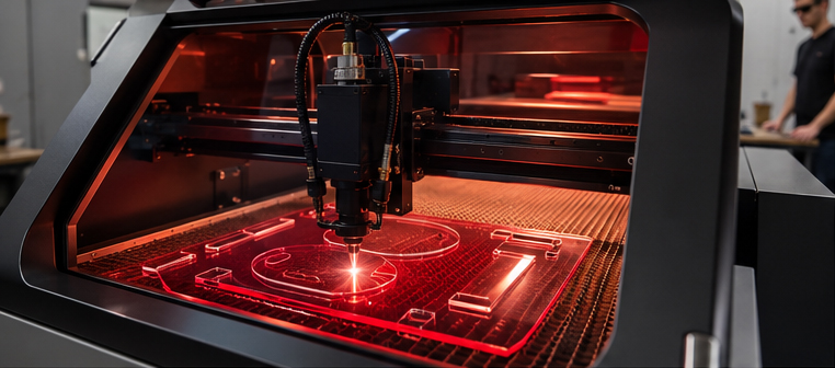 Precision laser cutting machine cutting a custom acrylic component in a professional fabrication shop