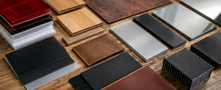 Premium selection of acrylic wood coated metal and specialty sheet materials prepared for laser cutting