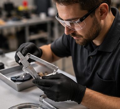 Fabrication specialist inspecting laser cut parts with precision measuring tools