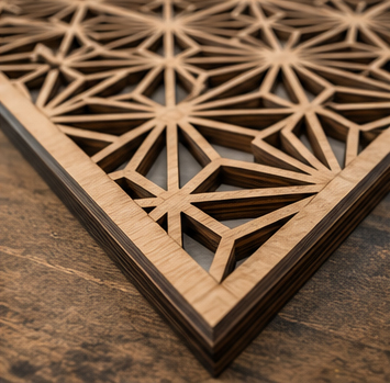 Intricate laser cut wood panel with clean detailed edges