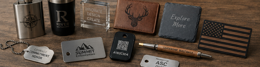 Assortment of professionally laser engraved metal wood acrylic and leather products