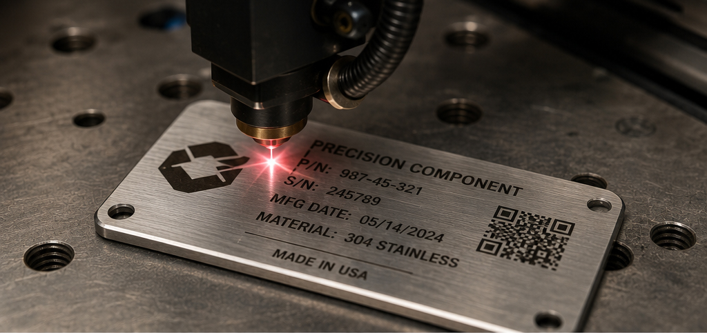 Precision laser engraving a detailed metal identification plate