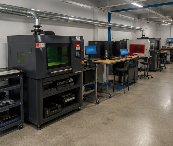 Professional laser engraving workshop with clean organized equipment