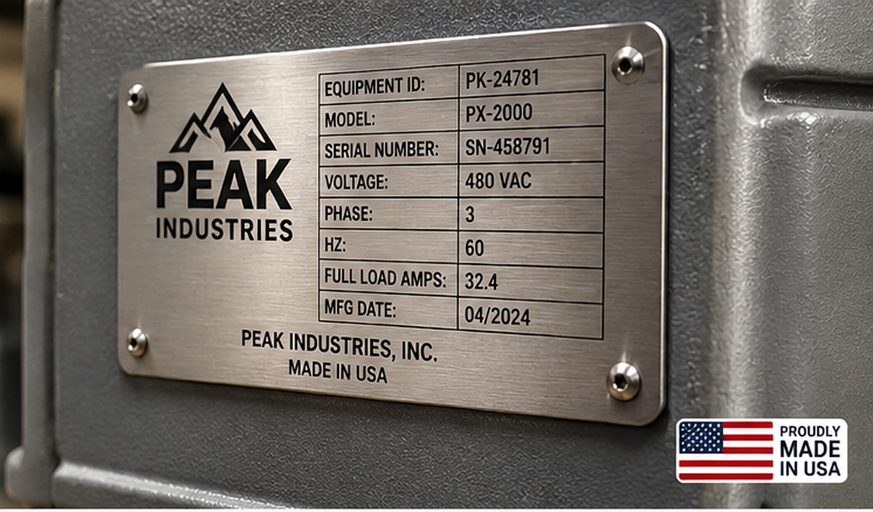 Brushed metal industrial equipment identification nameplate mounted to machinery