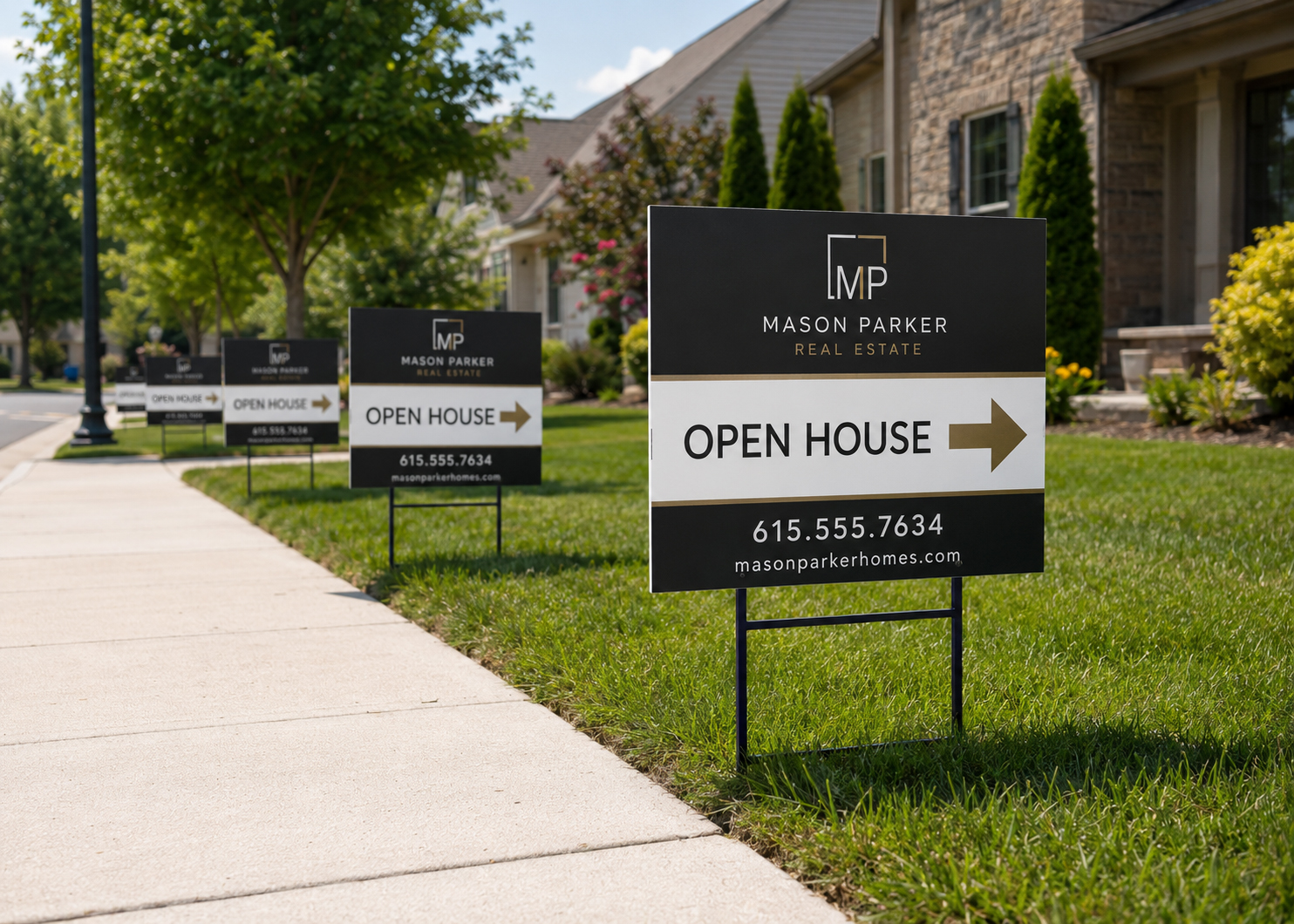 Open house and directional real estate signs at a neighborhood corner
