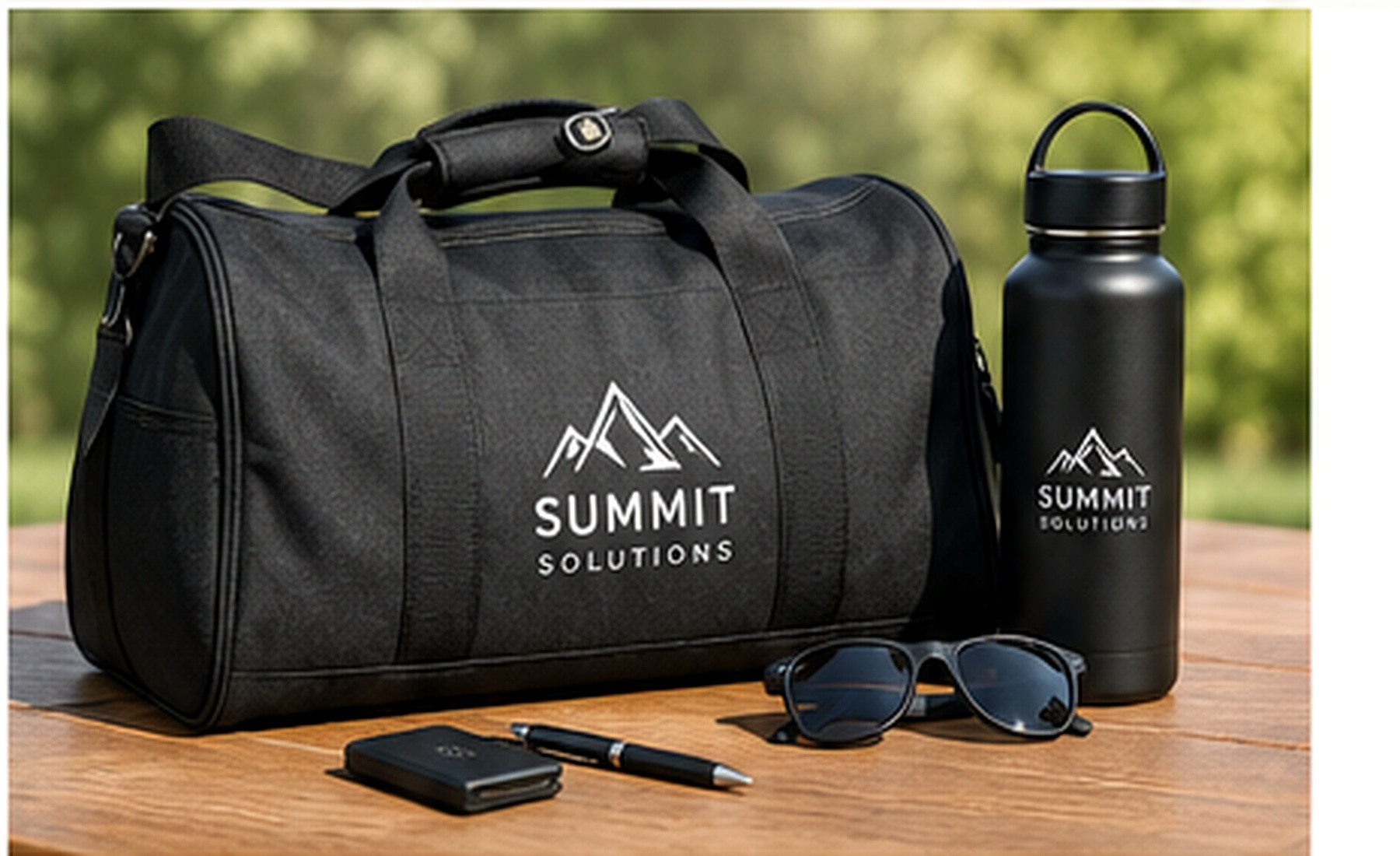 Branded event travel kit with duffel bag and bottle