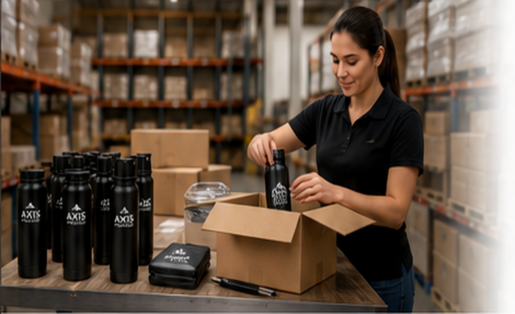 Promotional products being packed for fulfillment