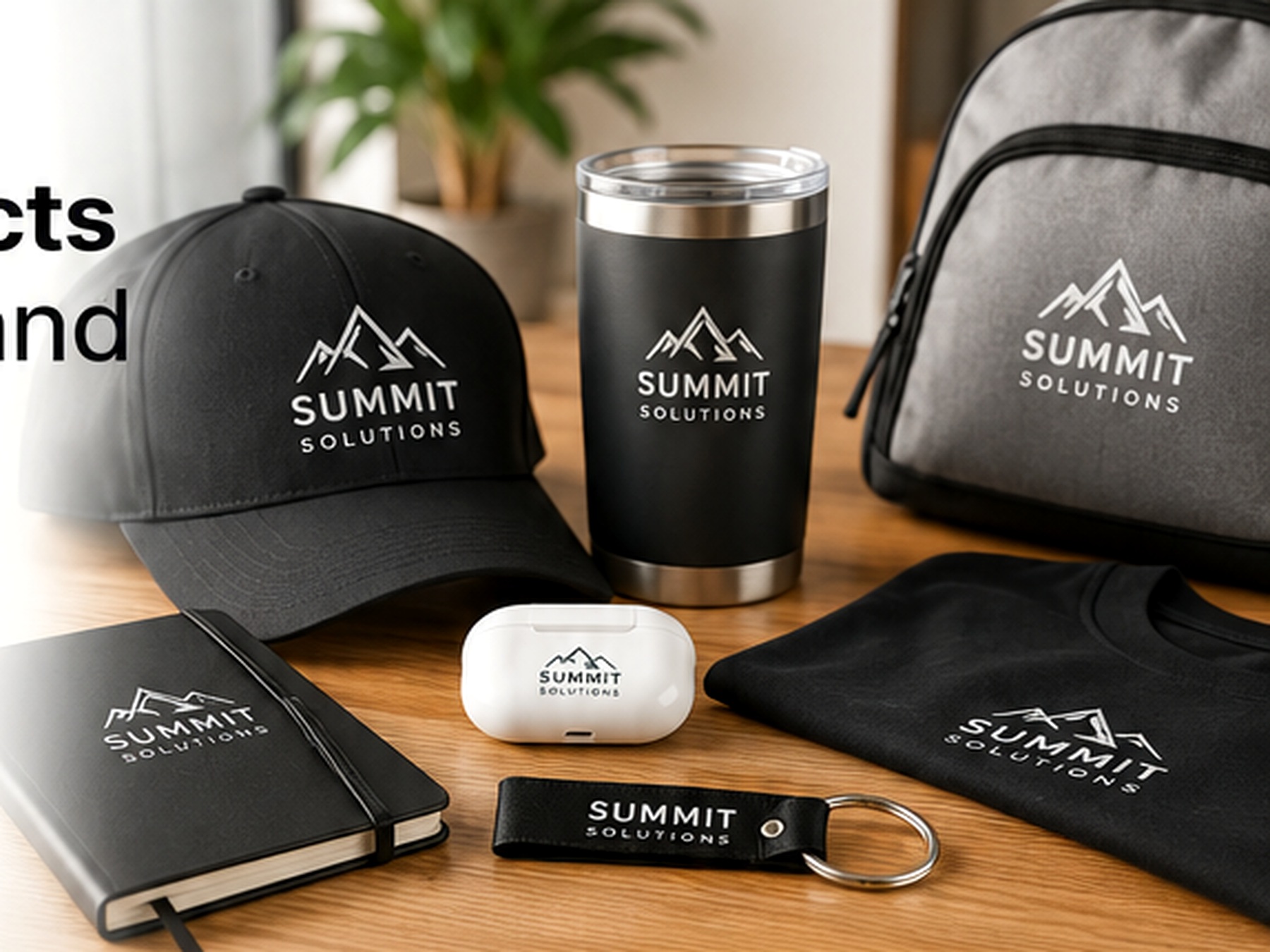 Coordinated promotional product collection including a tumbler, cap, notebook, shirt and backpack