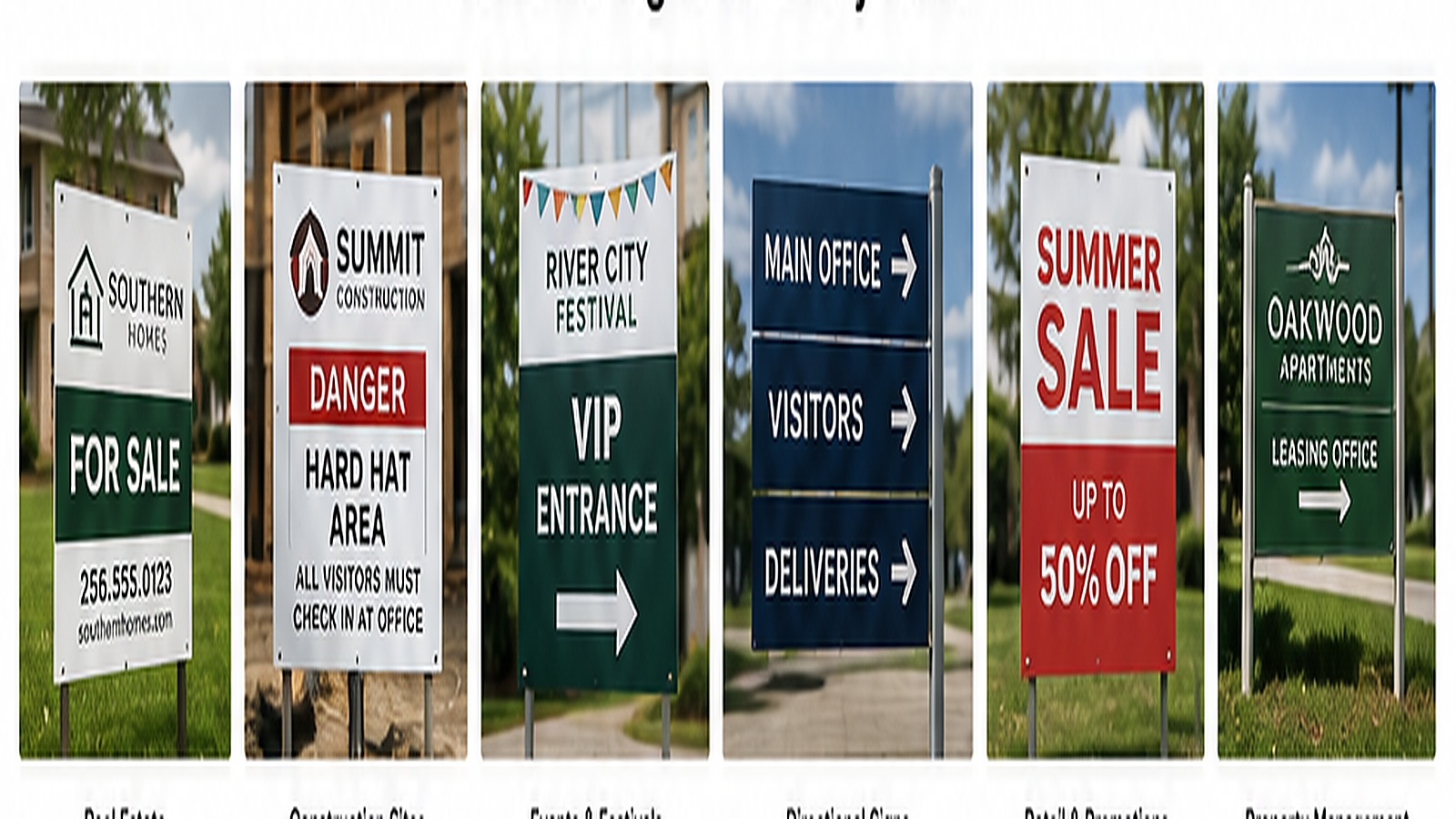 Collection of custom PVC signs for real estate, construction, events and wayfinding