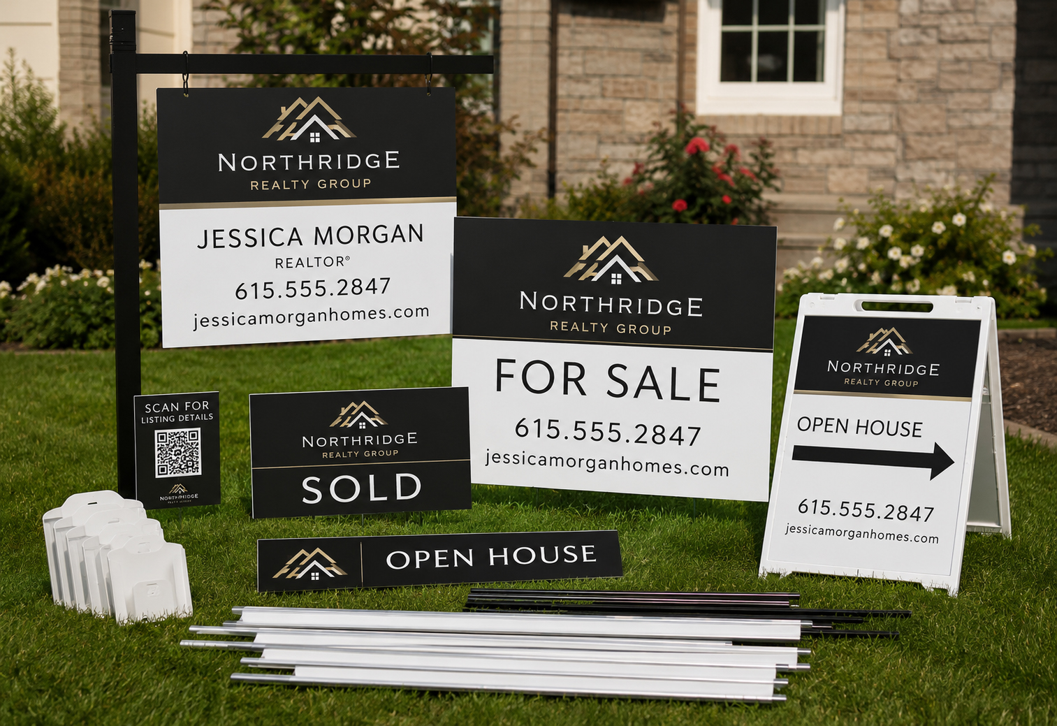 Complete coordinated real estate agent sign kit with hardware