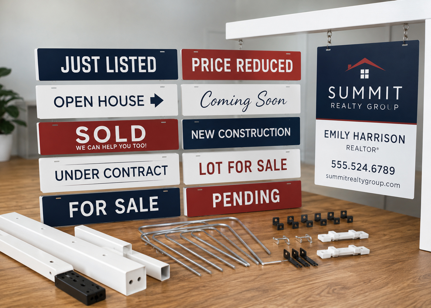 Assorted real estate rider panels arranged for installation