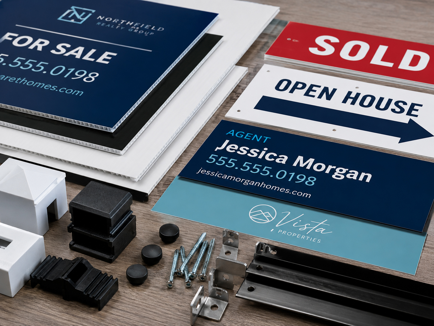 Close-up of real estate sign materials, printed finishes, and mounting hardware