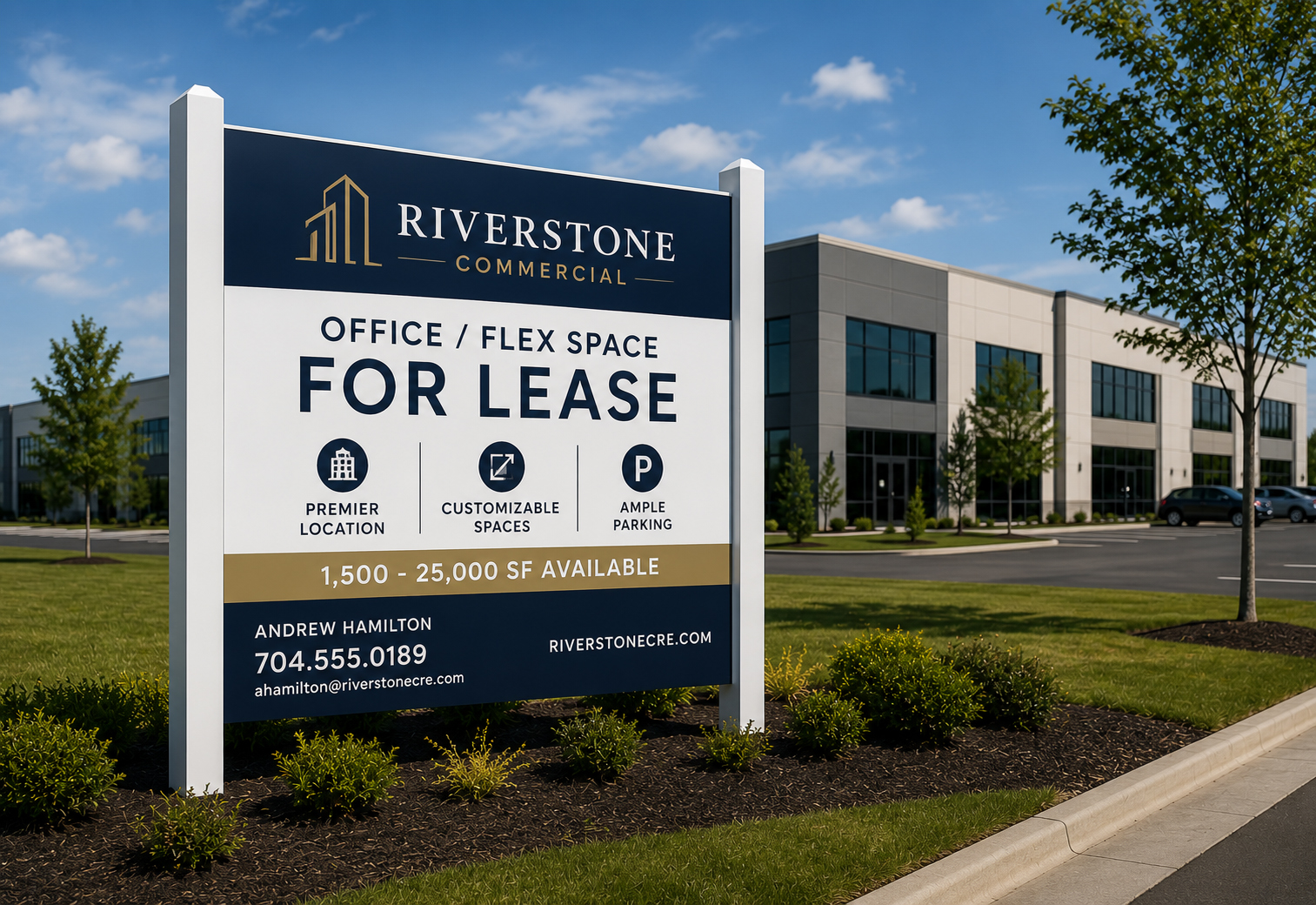 Commercial property for lease sign installed near a business development