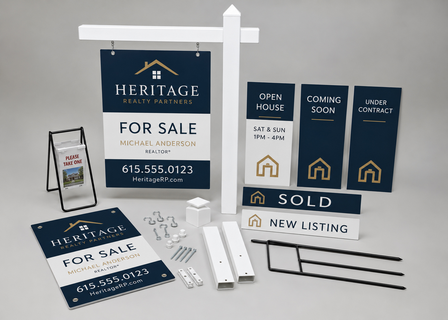 Complete real estate sign kit with panels, stakes, riders, and hardware