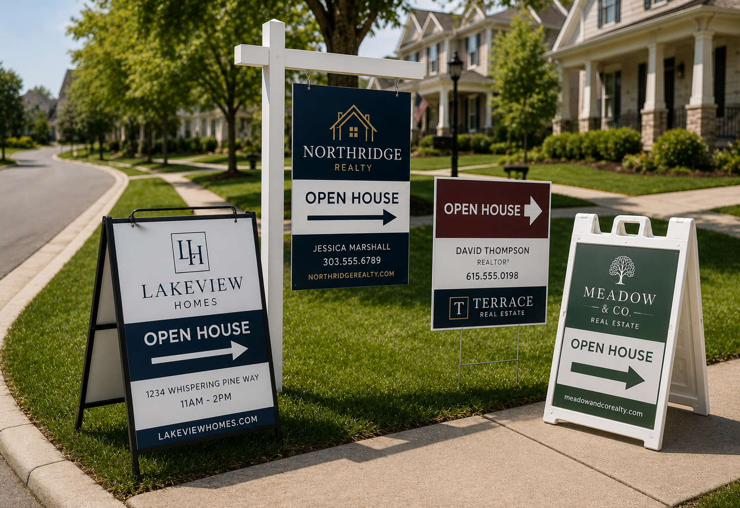 Open house directional signs guiding visitors through a neighborhood