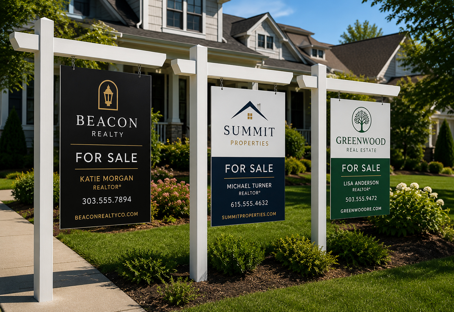 Residential real estate post sign in front of a modern home