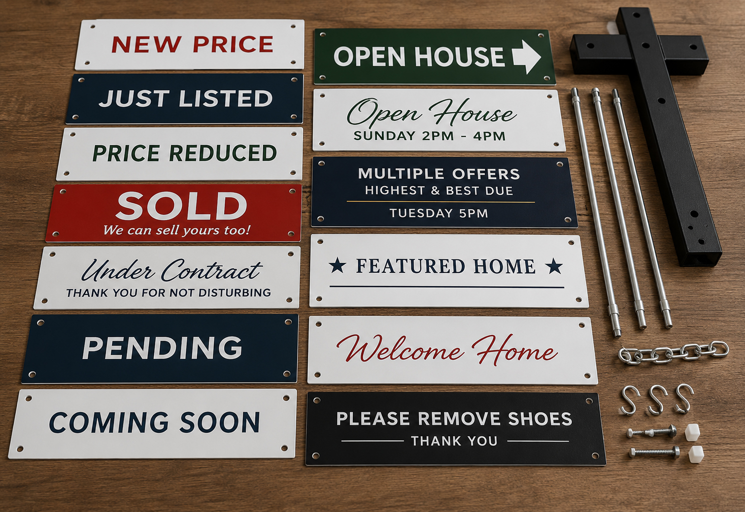 Coordinated real estate rider panels and sign hardware