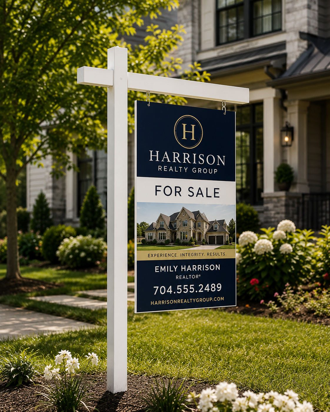 Premium real estate post sign installed in front of a residential property