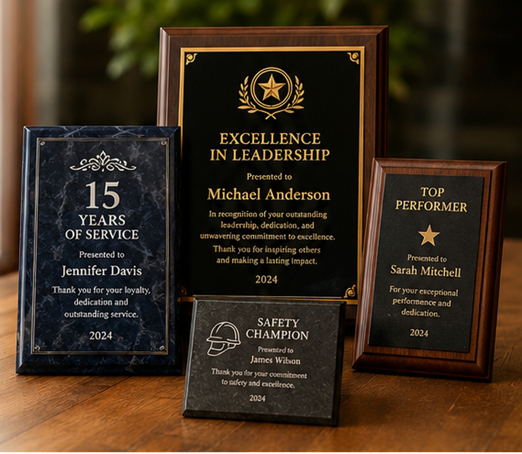 Custom engraved recognition plaques displayed on a wood surface